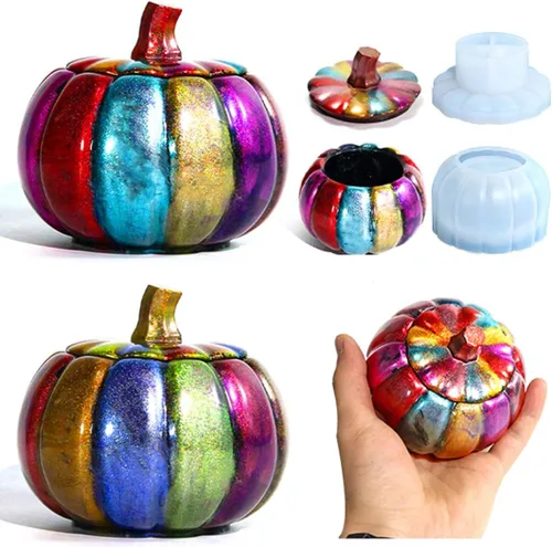 Vista 9 de Tarros de calabaza, molde de resina, caja de almacenamiento de Halloween, moldes de silicona, caja de joyería de calabaza, molde de fundición epoxi