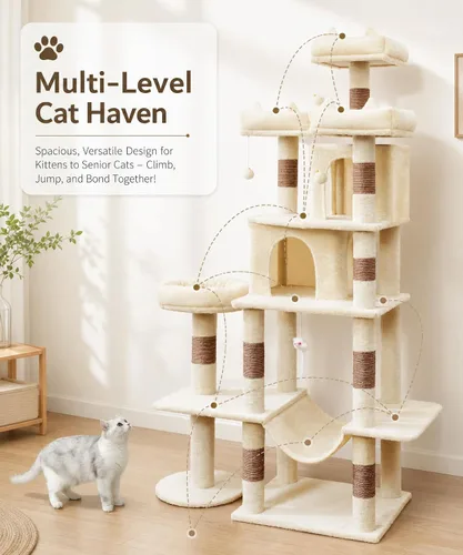 Vista 7 de PMT03BW - Árbol para gatos de interior, torre grande de 71 pulgadas con poste rascador y percha superior, hamaca, condominio para gatos adultos