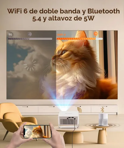 Vista 5 de Miniproyector inteligente 2026 compatible con 4K y 8K, portátil con WiFi 6 y Bluetooth 5.4, enfoque automático y corrección trapezoidal vertical