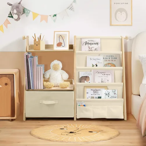 Vista 2 de Estantería infantil y organizador de juguetes 2 en 1, estante para libros para habitaciones de niños con cubo de juguetes móvil, estante de 4 Beige