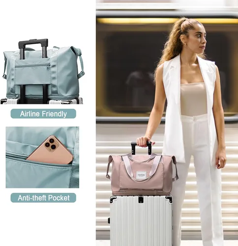 Vista 6 de WOOMADA Bolsa de viaje plegable, bolsas de fin de semana para mujer, bolsa de mano con espacio expandible, bolsas de transporte para aviones
