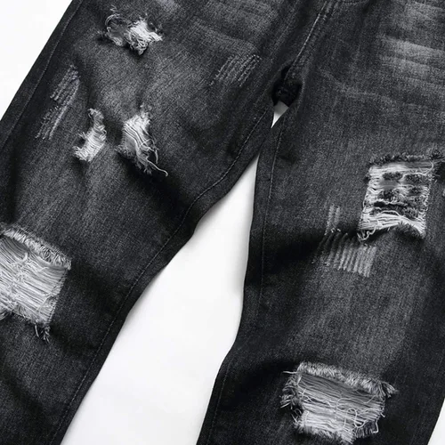 Vista 3 de Pantalones rajados para hombre, de mezclilla, ajuste regular, pierna acampanada, de corte entallado, con agujeros, pantalones de hombre de mezclilla