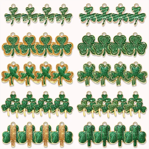 Vista 7 de 40/80 dijes de trébol del día de San Patricio para hacer joyas, diamantes de imitación esmaltados con sombrero verde y hojas colgantes