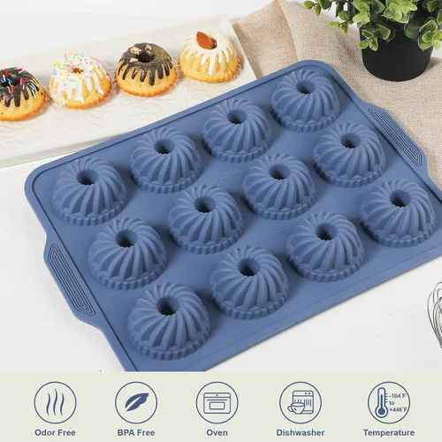 Vista 5 de Webake 2.75" Silicone Mini Fluted Tube Cake Pan with Steel-Reinforced Frame, 12-Cavity Nonstick Bite Size Mini Flan Molds for Baking, 1 Pack Blue