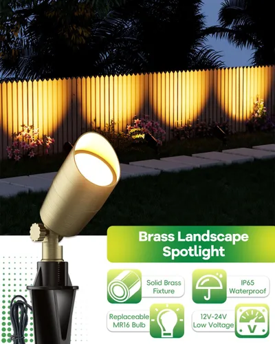 Vista 4 de Luz de paisaje de latón de bajo voltaje, foco sólido para exteriores con bombilla LED MR16 reemplazable de 5 W, 2700 K blanco cálido, iluminación
