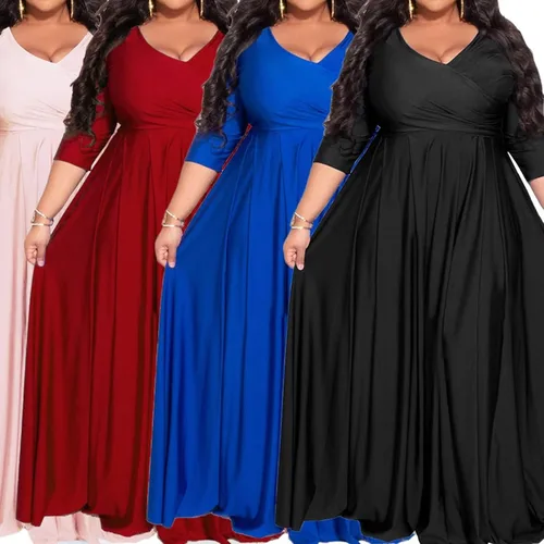 Vista 4 de IyMoo Vestido largo formal para mujer, de media manga, cuello en V, cremallera trasera, vestido largo para fiesta, vestido de noche