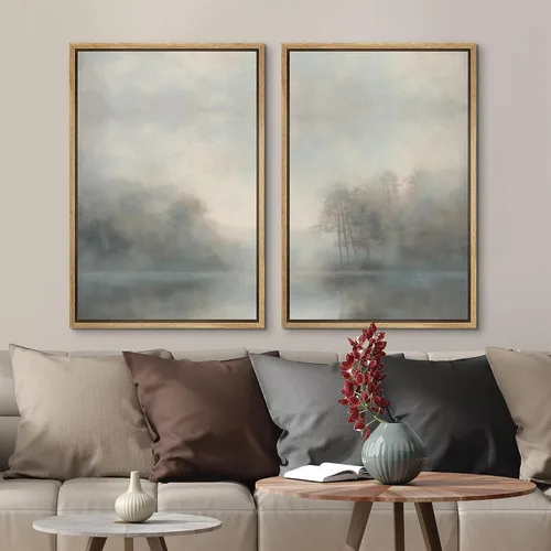 Vista 3 de MUDECOR Lienzo enmarcado para pared, bosque brumoso, reflejos, paisaje tranquilo, ilustraciones modernas, arte decorativo, bohemio, tranquilo/zen