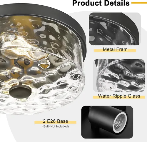 Vista 3 de Lámpara de techo empotrada con pantalla de vidrio ondulado de agua, moderna iluminación de techo de 2 luces para cocina, sala de estar, porche