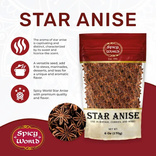 Vista 2 de Anís Estrellado Entero en Vainas Bolsa de 6 Oz - Calidad Premium, Vegano, Totalmente Natural, Seco, Excelente para Hornear y Té por Spicy World