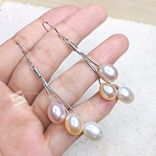 Vista 4 de Pearl earrings, Real Pearls In Sterling Silver Earrings, Flawless Freshwater Pearl Dangles, Multi Colored Cultured Pearls Drop Earrings