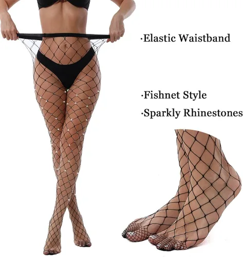 Vista 6 de VEBZIN Paquete de 2 mallas de malla brillantes grandes y medianas para mujer, medias de red sexy con diamantes de imitación con purpurina