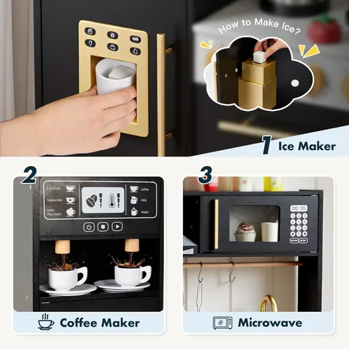 Vista 4 de Cocina de Juego para Niños, Juego de Cocina de Madera con Accesorios Realistas, Cocina de Lujo para Niños Pequeños, Campana Extractora