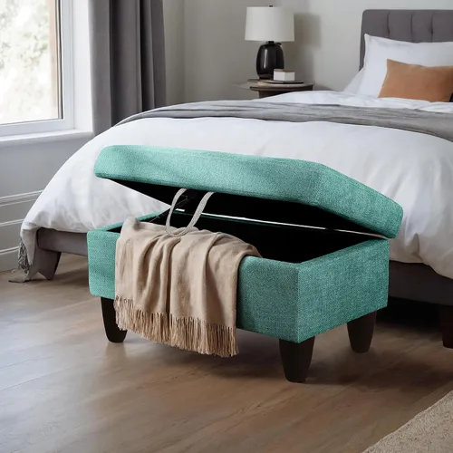 Vista 5 de GRETERST Banco otomano rectangular de almacenamiento, reposapiés de lino con tapa con bisagras para sala de estar, dormitorio, entrada, verde, 28.5