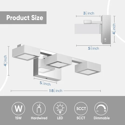 Vista 5 de Moderna lámpara LED de baño sobre el espejo, 3 luces regulables de tocador, lámpara de tocador de baño de acrílico cromado, ajustable de 2700 K-6500