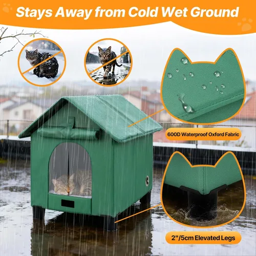Vista 3 de FHTONGE Casa elevada para gatos con calefacción para gatos al aire libre en invierno, resistente a la intemperie, refugio para gatos con 2