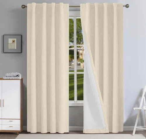 Vista 16 de Cortinas de lino libres de PFAS en negro de 63 pulgadas de largo, juego de 2 paneles, 100% cortinas opacas largas para dormitorio, sala de estar