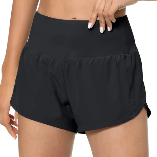 Vista 2 de GYM RAINBOW Pantalones cortos deportivos de cintura alta para mujer ligeros de secado rápido para entrenamiento gimnasio correr con bolsillos