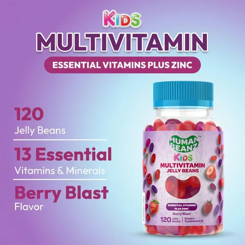 Vista 2 de Human Beanz Gomitas multivitamínicas con zinc para niños, suplementos dietéticos de apoyo inmunológico, vegetariano, 120 granos de gelatina Berry