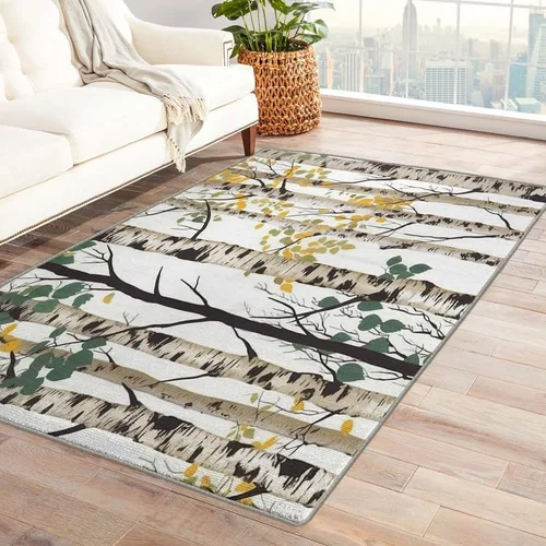 Vista 9 de Alfombras blancas de abedul para dormitorio, sala de estar, alfombra de bosque de 3 x 5, lavable, antideslizante, suave, alfombra de pelo bajo, Dfg4