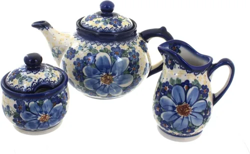 Vista 6 de Cerámica polaca de rosa azul, juego de té de 3 piezas de flor de manzana, tetera de 4 tazas, cerámica polaca pintada a mano, servicio de café y té