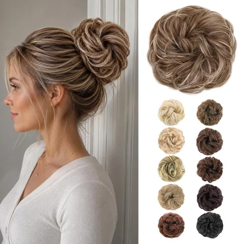 Vista 42 de MORICA Moño desordenado, extensiones de moño sintético para mujeres (rubio beige ceniza)