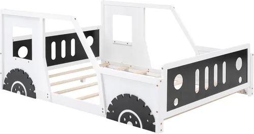 Vista 5 de SOFTSEA Cama Montessori de tamaño matrimonial con valla y puerta, plataforma de madera con ruedas para niños y niñas, soporte de listones de madera