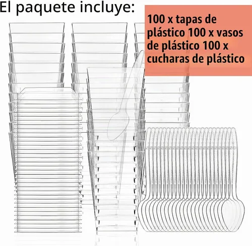 Vista 6 de Hiasobre Paquete de 100 vasos de plástico de 5 onzas para postre con tapas y cucharas, tazas reutilizables de parfait transparente, vasos cuadrados
