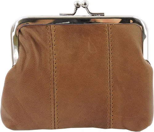 Vista 2 de SILVERFEVER Monedero de cuero con cierre Kisslock - Piel de cordero auténtica hecha a mano, Marrón-1Entry, 4CC, Cartera con cinturón