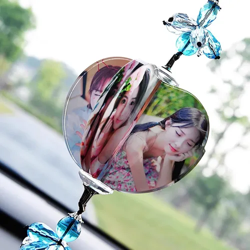 Vista 3 de Adorno colgante de cristal personalizado para automóvil con foto, imagen personalizada en forma de corazón molino de viento para espejo retrovisor