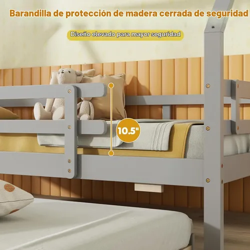 Vista 7 de KOMFOTT Cama de casa de tamaño individual con nido, marco de cama de madera con rieles de seguridad y techo, marco de cama de plataforma de casa Gris