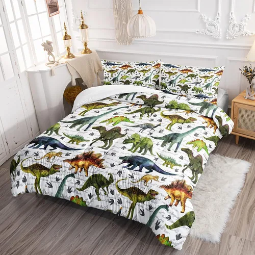 Vista 2 de BailiPromise Jurassic Dino - Juego de edredón de 3 piezas, tamaño individual, edredón para niños con fundas de almohada, para todas las estaciones