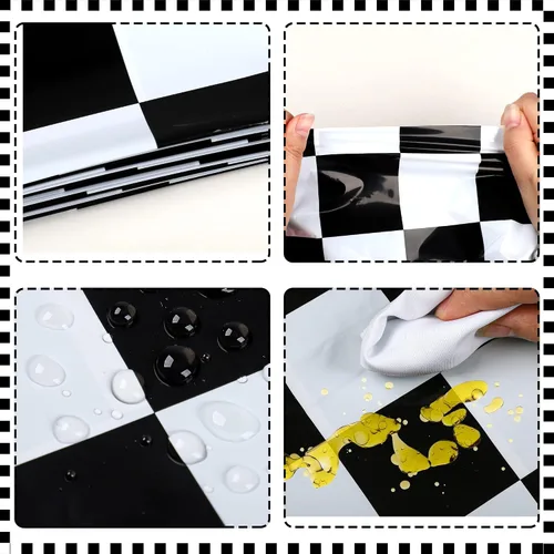Vista 4 de 2 manteles de plástico desechables con diseño de automóvil de carreras, con diseño de bandera a cuadros negros, mantel rectangular para niños