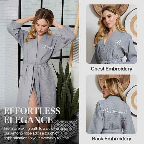 Vista 2 de Lotus Linen Womens Lightweight Waffle Spa Robes Soft Cotton Knee Length Bathrobe, Personalized Bridesmaids Robe
