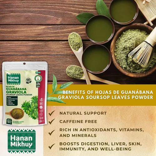 Vista 4 de HANAN MIKHUY Hojas de Guanábana 3.53 oz - Polvo de hoja de guanábana 100% natural de graviola para protección hepática, vitalidad y bienestar