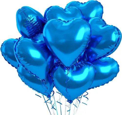 Vista 25 de Globos de corazón azul bebé, 10 piezas de globos en forma de corazón azul claro y blanco pastel, globos de papel de aluminio blanco arena crema