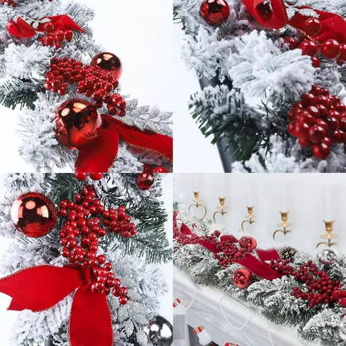 Vista 6 de Guirnalda de Navidad artificial de 3.93 pies, corona de Navidad con cinta roja, ramo de bayas, bolas de Navidad y piñas, guirnalda de Navidad