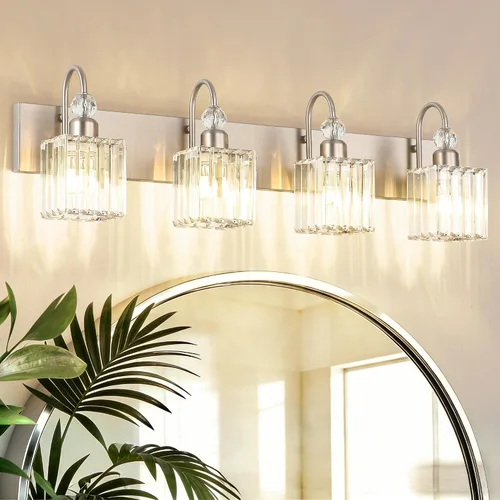 Vista 45 de Ralbay Modernas luces LED de cristal para tocador de baño, 3 luces de acero inoxidable, luces de tocador de cristal sobre el espejo, accesorios