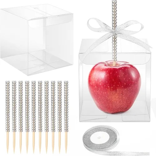 Vista 8 de 10+10 cajas de manzana de caramelo con agujero y palos, 10 palitos de manzana con diamantes de imitación brillantes, 10 cajas con agujero, cinta