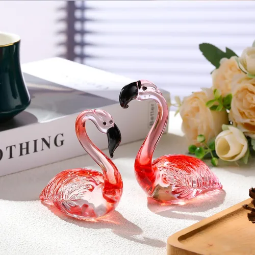 Vista 5 de Juego de 2 figuras de flamencos de cristal rosa, regalos para parejas y mujeres, flamencos de vidrio soplado a mano, Día de la Madre, aniversario