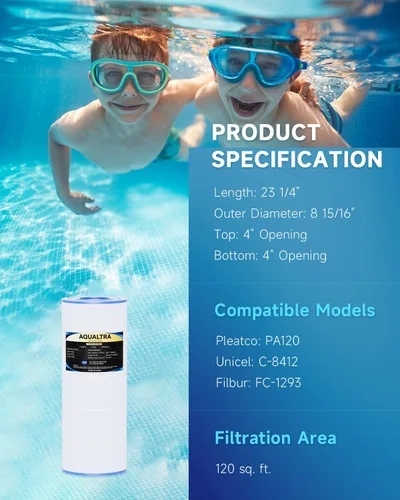 Vista 3 de AQUALTRA Cartucho de filtro de piscina compatible con C1200, PA120, CX1200RE, C-8412, FC-1293, 120 pies cuadrados, 23 1/4 pulgadas x 8 15/16