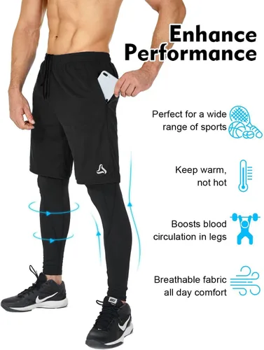 Vista 2 de SILKWORLD Pantalones de correr 2 en 1 para hombre, pantalones deportivos de compresión, leggings de entrenamiento con bolsillos con cremallera