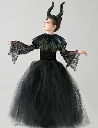 Vista 4 de L'VOW Vestido de princesa con encaje y tutú de tul para Halloween con cuernos de maléfica, capa de plumas