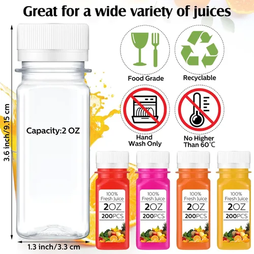 Vista 2 de Sliner 200 botellas pequeñas de plástico de 2 onzas para jugo, botella de jugo de jengibre con tapas, recipiente reutilizable transparente