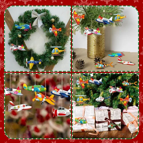 Vista 6 de Pinkunn Juego de 36 adornos colgantes de Navidad para vehículos, adornos de madera para transporte, regalos temáticos para decoración del árbol