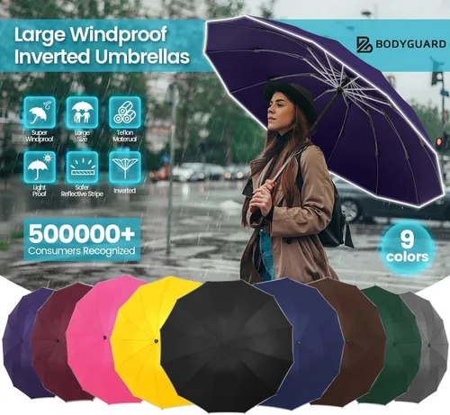 Vista 8 de Bodyguard Inverted Umbrella, Large Windproof Umbrellas for Rain & Sun, Compact Umbrella Reverse Umbrella with Reflective Stripe, Teflon Umbrella for