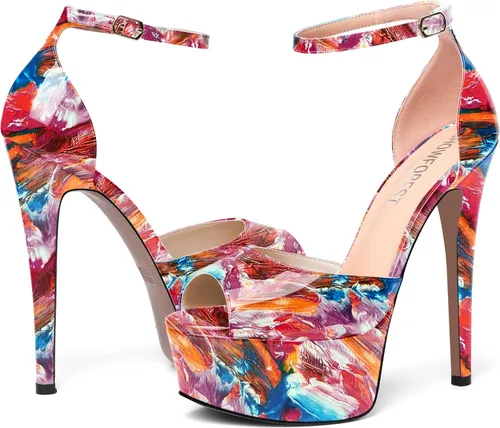 Vista 6 de SHOWFOREST Zapatos de tacón alto con hebilla de punta abierta para mujer, sexy, club nocturno, patente, correa de tobillo, tacón alto, 6 pulgadas