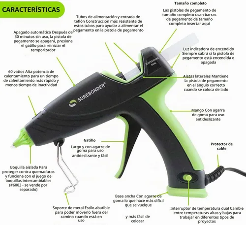 Vista 3 de Pistola de pegamento caliente Surebonder con apagado automático, doble temperatura, tamaño completo, 1.5 veces la potencia de las pistolas