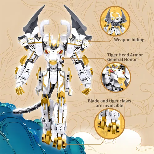 Vista 4 de CSNRHG Modelo de robot mecánico samurái de tigre blanco con doble hacha, bloques de construcción, juego de juguetes de cumpleaños mítico para niños