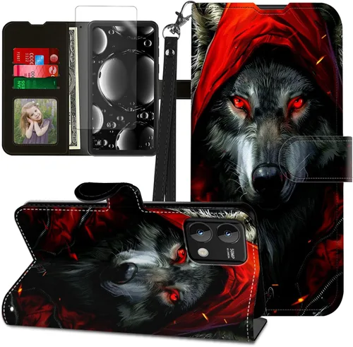 Vista 386 de Funda para Motorola Edge 2022 con protector de pantalla, soporte y tarjetero y correa para la muñeca, funda magnética para Moto Edge 2022 5G UW Lobo