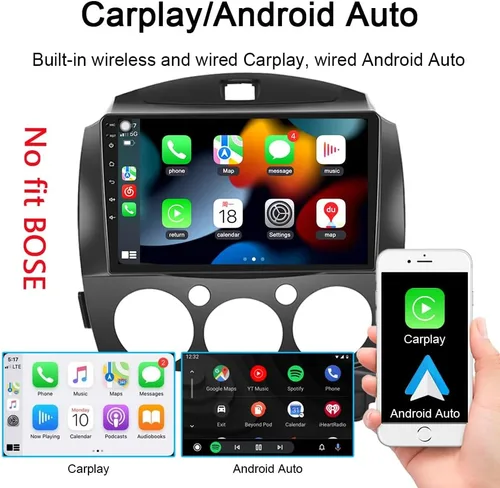 Vista 2 de para Android 13 Mazda 2 Radio 2007-2014 navegación GPS con receptor inalámbrico Carplay Android Auto 9 "IPS HD pantalla táctil Cámara invertida